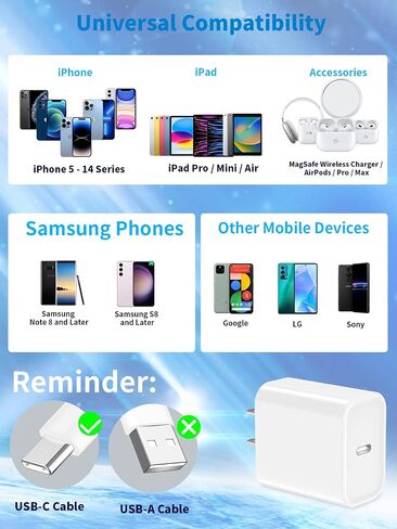iPhone 15 Charger, (2-Pack) 20W USB C Wall Charger Block and 10Ft USB-C to C Cable Fast Charging for iPhone 15/15 Pro/15 Pro Max, iPad Pro, Air 6/5/4, iPad 10/Mini 6, Samsung Galaxy and Android Phones in Saudi Arabia