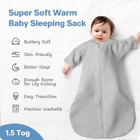 Cozy Baby Sleep Sack with Sleeves for Easy Transitioning Soft Cotton Warm 6-12 Months 1.5 Tog, Soft and Comfortable Wearable Blanket, 2-Way Zipper, Unisex Newborn Babies, Girls and Boys Sleeping Bag in Saudi Arabia