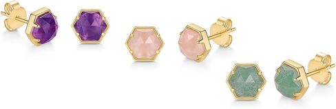 PAVOI 14K Gold Plated Hexagon Gemstone Stud Earrings for Women | Natural Birthstone Earring Pair in Saudi Arabia