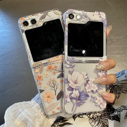 Galaxy Z Flip 6 Case and Screen Protector for Samsung Galaxy Z Flip 6 Clear Shockproof Hard PC Phone Case for Women Girls Purple Floral Ultra Thin Protective Phone Case Anti-Scratch in Saudi Arabia