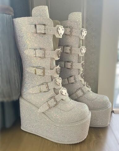 UOQAPRE Womens High Platform Mid Calf Wedges Chunky Booties Heel Round-Toe Side Zip Winter Punk Combat Boots For Women in Saudi Arabia
