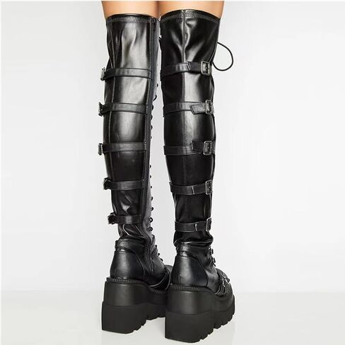 UOQAPRE Womens High Platform Mid Calf Wedges Chunky Booties Heel Round-Toe Side Zip Winter Punk Combat Boots For Women in Saudi Arabia