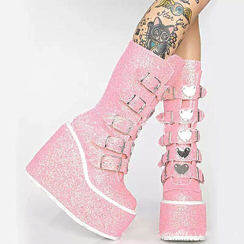 UOQAPRE Womens High Platform Mid Calf Wedges Chunky Booties Heel Round-Toe Side Zip Winter Punk Combat Boots For Women in Saudi Arabia