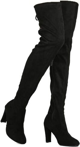 Nature Breeze Womens Stretchy Thigh High Pull String Chunk Heel Combat Boots in Saudi Arabia