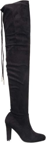 Nature Breeze Womens Stretchy Thigh High Pull String Chunk Heel Combat Boots in Saudi Arabia