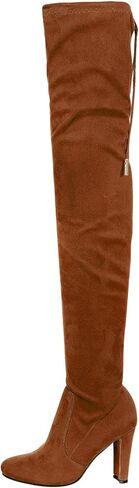 Nature Breeze Womens Stretchy Thigh High Pull String Chunk Heel Combat Boots in Saudi Arabia