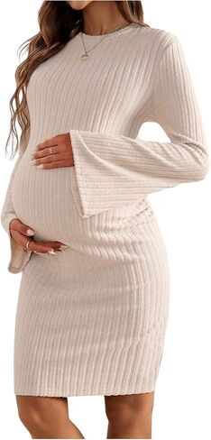 OYOANGLE Women's Maternity Crew Neck Flare Long Sleeve Dresses Ribbed Knit Solid Bodycon Short Dresses in Saudi Arabia