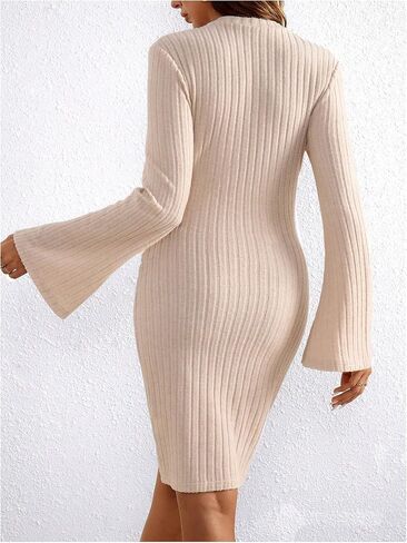 OYOANGLE Women's Maternity Crew Neck Flare Long Sleeve Dresses Ribbed Knit Solid Bodycon Short Dresses in Saudi Arabia