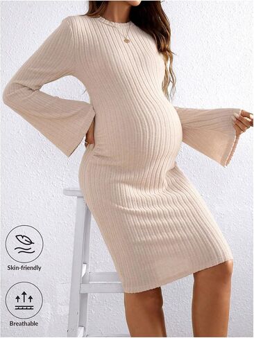 OYOANGLE Women's Maternity Crew Neck Flare Long Sleeve Dresses Ribbed Knit Solid Bodycon Short Dresses in Saudi Arabia