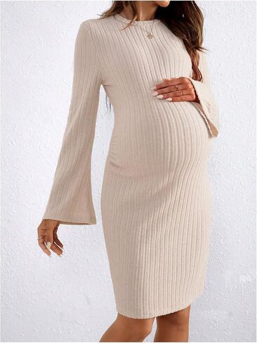 OYOANGLE Women's Maternity Crew Neck Flare Long Sleeve Dresses Ribbed Knit Solid Bodycon Short Dresses in Saudi Arabia