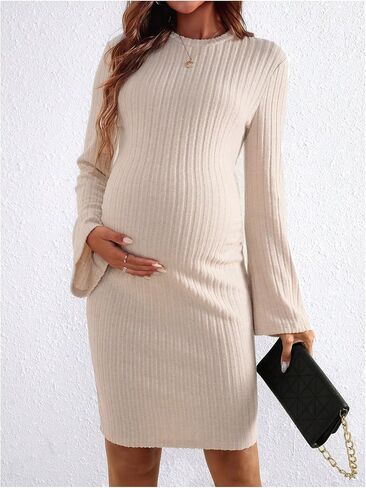 OYOANGLE Women's Maternity Crew Neck Flare Long Sleeve Dresses Ribbed Knit Solid Bodycon Short Dresses in Saudi Arabia