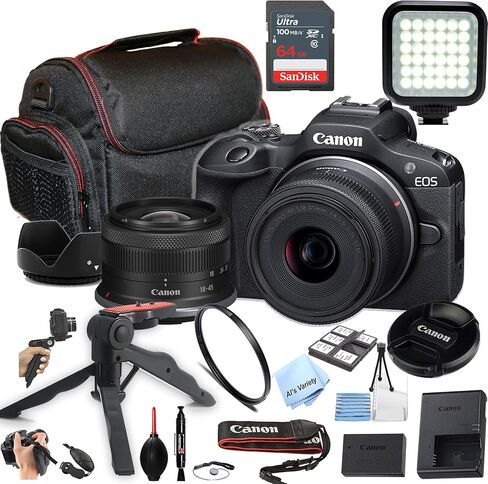 كاميرا Canon EOS R100 بدقة 24.2 ميجابكسل بمستشعر APS-C CMOS بدون مرآة مع عدسة مقاس 18-45 مم + حافظة + بطاقة ذاكرة فائقة سعة 64 جيجابايت + ضوء فيديو LED + فلتر + المزيد (الحزمة الأساسية) (متجددة)، أسود in Saudi Arabia