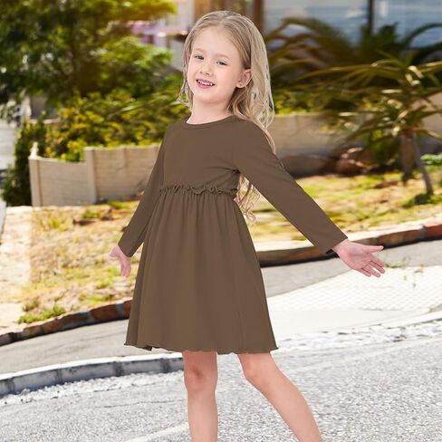 Toddler Girls Fall Dress Long Sleeve Soft A-Line Dress for Girls Solid Ruffle Casual Dress Kids Winter Dresses in Kuwait