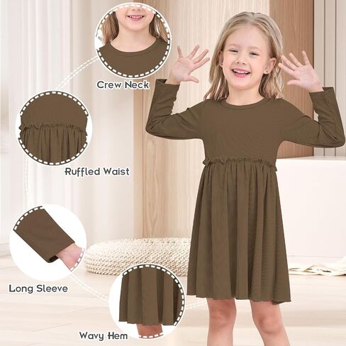 Toddler Girls Fall Dress Long Sleeve Soft A-Line Dress for Girls Solid Ruffle Casual Dress Kids Winter Dresses in Kuwait