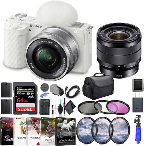 كاميرا Sony ZV-E10 بدون مرآة مع عدسة مقاس 16-50 مم باللون الأبيض ILCZV-E10L/W، وعدسة Sony E مقاس 10-18 مم، وبطاقة ذاكرة سعة 64 جيجابايت، ومجموعة مرشحات، وبرنامج Corel للصور، وحقيبة، وبطارية NPF-W50، وشاحن خارجي، والمزيد in Saudi Arabia