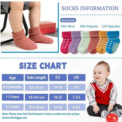 DoSmart Baby Toddler Non Slip Socks Infant Boys Girls Warm Thick Wool Ankle Crew Winter Socks with Grippers 6 Pairs in Saudi Arabia