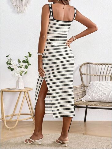 Women's Color Block Striped Split Thigh Maternity Dress Sleeveless Square Neck Midi Tank Dresses in Saudi Arabia