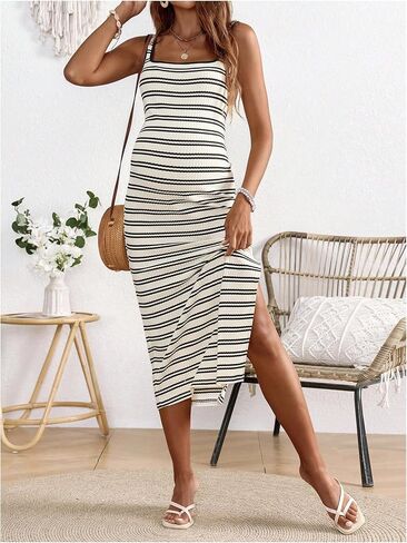 Women's Color Block Striped Split Thigh Maternity Dress Sleeveless Square Neck Midi Tank Dresses in Saudi Arabia