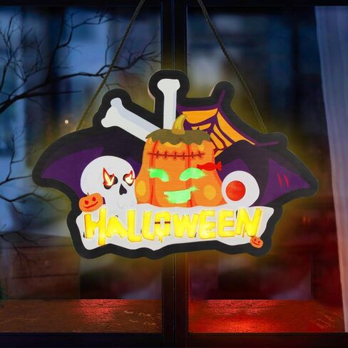 1Pcs LED Halloween Trick or Treat Wooden Door Hanging Sign, Lighted Wall Window Front Door Decor Signs Pumpkin Ghost Decor Halloween Decorations for Indoor Outdoor Wall Home Haunted Party in Saudi Arabia