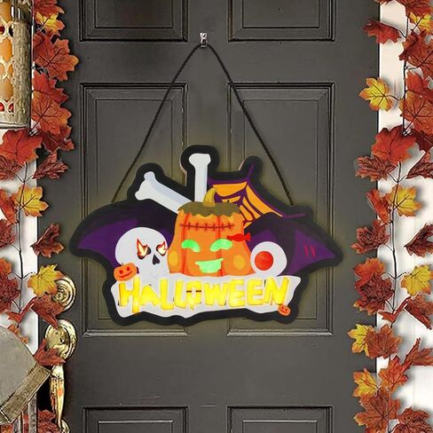 1Pcs LED Halloween Trick or Treat Wooden Door Hanging Sign, Lighted Wall Window Front Door Decor Signs Pumpkin Ghost Decor Halloween Decorations for Indoor Outdoor Wall Home Haunted Party in Saudi Arabia