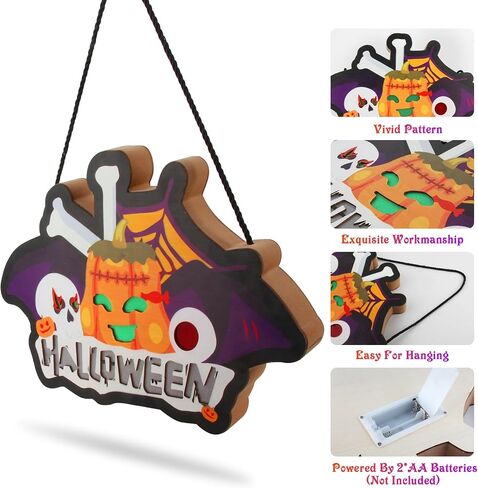 1Pcs LED Halloween Trick or Treat Wooden Door Hanging Sign, Lighted Wall Window Front Door Decor Signs Pumpkin Ghost Decor Halloween Decorations for Indoor Outdoor Wall Home Haunted Party in Saudi Arabia