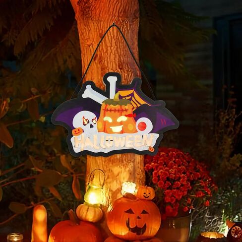 1Pcs LED Halloween Trick or Treat Wooden Door Hanging Sign, Lighted Wall Window Front Door Decor Signs Pumpkin Ghost Decor Halloween Decorations for Indoor Outdoor Wall Home Haunted Party in Saudi Arabia