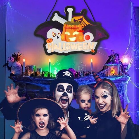 1Pcs LED Halloween Trick or Treat Wooden Door Hanging Sign, Lighted Wall Window Front Door Decor Signs Pumpkin Ghost Decor Halloween Decorations for Indoor Outdoor Wall Home Haunted Party in Saudi Arabia