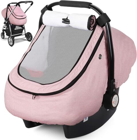 Rquite Car Seat Cover Baby, Winter Carseat Covers Boy Girl, Waterproof Infant Car Seat Cover Warm Car Seat Canopy for Cold Weather, Windproof Baby Carrier/Stroller Cover with 2 Layers Windows, Pink in Kuwait