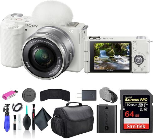 Sony ZV-E10 Mirrorless Camera with 16-50mm Lens White ILCZV-E10L/W, 64GB Memory Card, Bag, Card Reader, HDMI Cable, Flex Tripod, Hand Strap, Memory Card Wallet, Cleaning Kit in Saudi Arabia