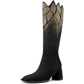TNYNFBEB Womens Chunky Block Mid Heel Square Toe Mid Calf Boots Zipper Rhinestone Crystal Prom Party Dress 2.8 Inches Heels