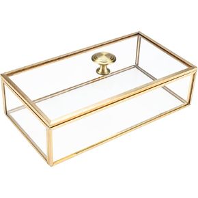 HighFree Copper Golden Vintage Glass Lidded Box w/Lift-off Cover, Jewelry Display Box Organizer, Decorative Keepsake Counter Display Box (10.85×7.1×3.95 in)