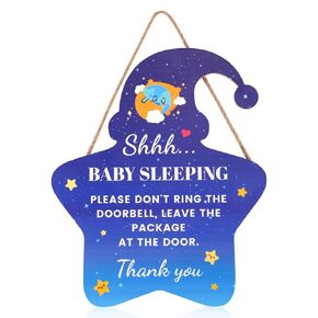 Shhh Baby Sleeping Door Sign, Baby Sleeping Sign for Front Door Do Not Ring Doorbell Sign Baby Room Door Hanger for New Dad Expecting Dad (Star)