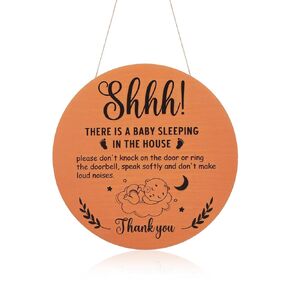 Shhh Baby Sleeping Sign for Front Door, 12 Inch Hanging Baby Sleeping Door Sign No Knocking Door Sign Wood No Ring Doorbell Sign for Home Decoration New Parents Gifts