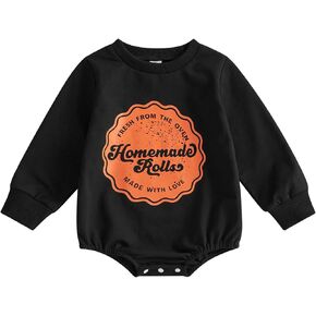 Gueuusu Unisex Baby Boy Girl Thanksgiving Outfit Homemade Rolls Bodysuit Long Sleeve Bubble Romper Retro Baby Outfit