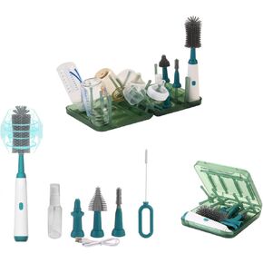 Portable Electric Bottle Brush Cleaner and Drying Rack Set, Foldable Bottle Drying Rack with 16 Ribs, Automatic Bottle Cleaner Brush Help Thorough Cleaning of Baby Bottles and Breast Pumps,Green