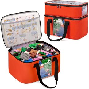 2pcs Large Toy Storage Organizer Bag Compatible with Lego Bricks, Construction Toy Travel Bag for Toy Interlocking Gear, Stacking Block, Building Blocks, Magnetic Tiles, Toy Cars, Orange