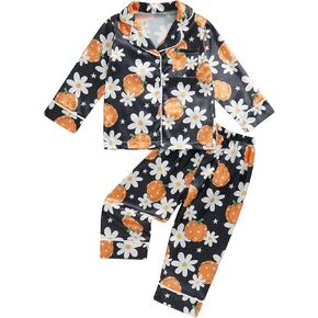 Honganda Kids Toddler Baby Girl Boy Halloween Pajamas Set Ghost Pumpkin Pajama Shirt Top Pants Satin Loungewear Outfits