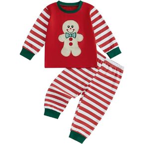 Pudcoco Kids Toddler Baby Boys Girls Christmas Pajamas Outfit Gingerbread Man Top and Polka Dot/Stripe Pants Set