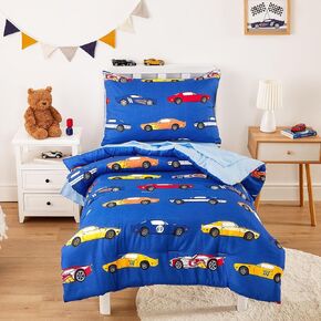 Wake In Cloud - Race Car Toddler Bedding Set for Boys, Cute Colorful Sports Car Supercar Wheels, 4 Pieces Soft Crib Bed Set Including Comforter, Sheets and Pillowcase, Gray