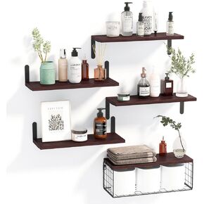 أرفف الحمام العائمة من Fixwal 5+1، أرفف خشبية مثبتة على الحائط فوق المرحاض مع سلة تخزين سلكية، ديكور حائط ريفي لغرفة النوم والمطبخ وغرفة المعيشة (بني داكن) in Kuwait