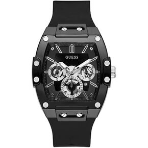 GUESS Men's Trend Multifunction 43mm Watch – Black Dial with Black Matte Polycarbonate Case & Silicone Strap