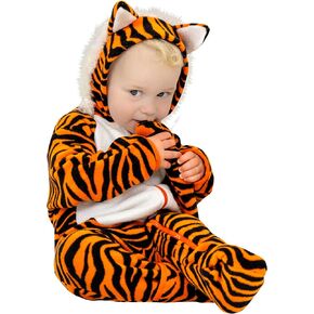 Fleece Baby Bunting Bodysuit – Unisex Baby Pram with Attached Hood, Fold-Over Mittens & Footies Romper, Baby Winter Suit, Baby Tiger, 18-24 Months