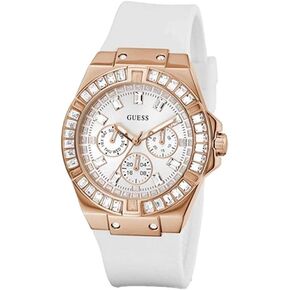GUESS Ladies Sport Multifunction Baguette Crystal 39mm Watch – Rose Gold-Tone Stainless Steel Case White Dial with White Silicone Strap