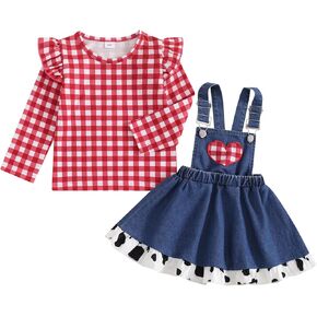 Mialoley Toddler Cowgirl Outfit Baby Girl Western Clothes Long Sleeve Plaid Print Shirt Tops Denim Suspender Skirt Set 1-6T