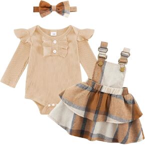 ESHOO Baby Girl Christmas Outfit Newborn Fall Winter Clothes Ruffle Long Sleeve Romper Plaid Overall Skirt Headband
