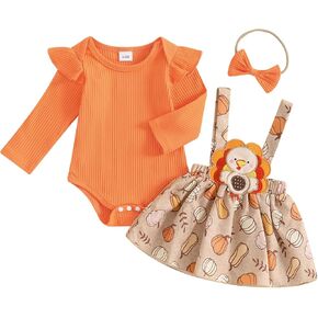 Honganda Newborn Baby Girl Thanksgiving Outfit Long Sleeve Romper Pumpkin Turkey Suspender Skirt Headband Infant Set