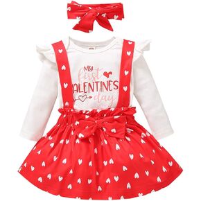 YOUNGER TREE Newborn Baby Girl Valentine's Day Outfit Letter Print Bodysuit+Dot Heart Suspender Strap Skirts Headband Set