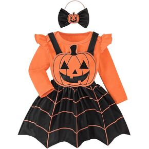 AGQT Halloween Infant Baby Girls Strap Dress Long Sleeve Romper Pumpkin Ghost Face Suspender Skirt Three Piece Suit