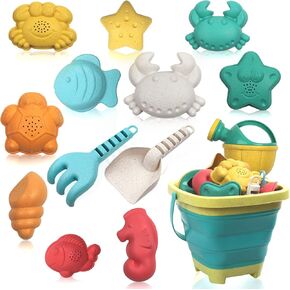 Collapsible Beach Sand Toys Set for Kids Toddlers, Beach Toys and Sandbox Toys with 2 Collapsible Beach Buckets, Sand Molds and Shovel and Rake Set, Summer Outdoor Travel Beach Toys for Boys Girls