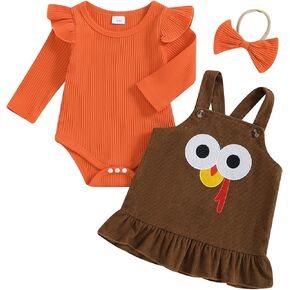 My First Thanksgiving Baby Girl Outfit Long Sleeve Romper Turkey Overall Dress Headband Infant 3Pcs Fall Clothes